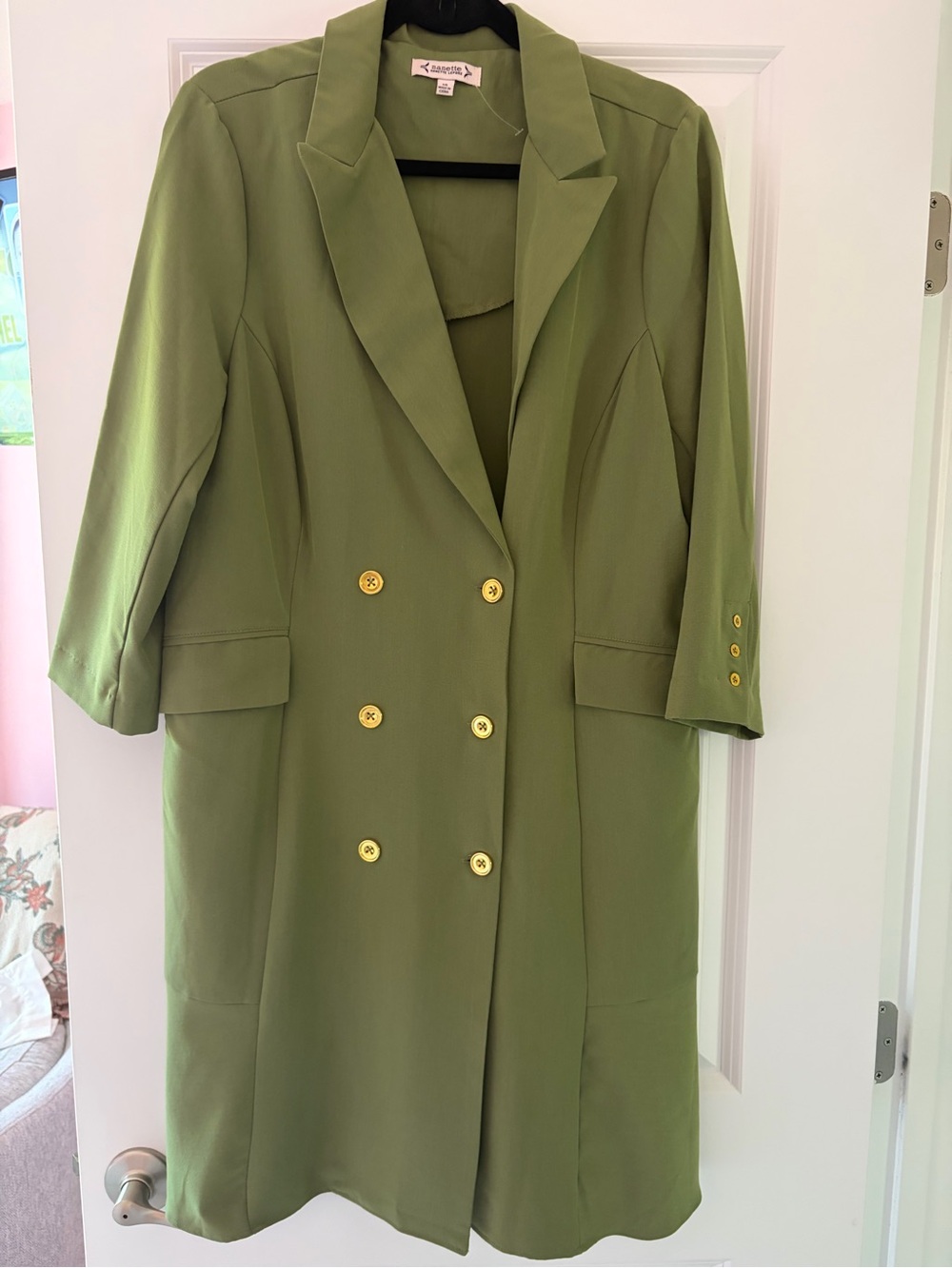 Nanette Lepore Olive Green Double-Breasted Blazer Dress with Gold Buttons